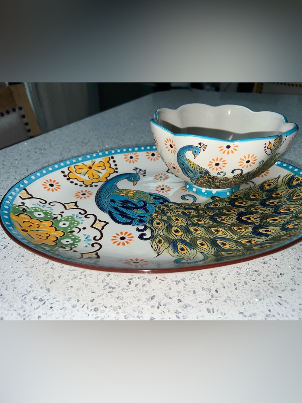 Artistic Accents Hand-Painted Platter & Bowl Peacock Coastline Imports EUC